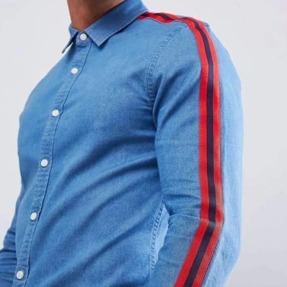 GUESS denim regular fit‎ buttoned down men’s shirt Sz M red blue striped sleeves - Picture 2 of 9